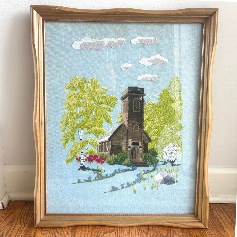 Vintage Framed Crewel Embroidery Church Landscape Birch Trees Country Chapel Art